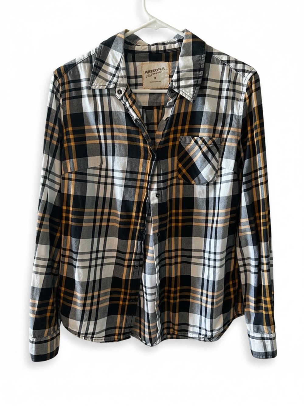 Arizona Jeans Plaid Button-Up Shirt in Black, White & Mustard - Picture 2 of 8